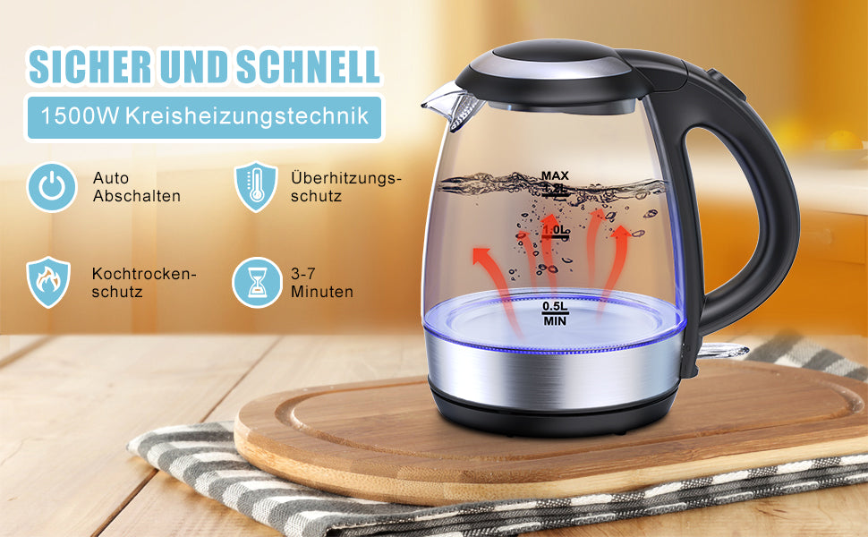 Elektrischer Wasserkocher, 1,2 l, 2.200 W, schnelles Aufwärmen, LED-Licht, elektrische Teekanne, BPA-frei, automatische Abschaltung und Schutz