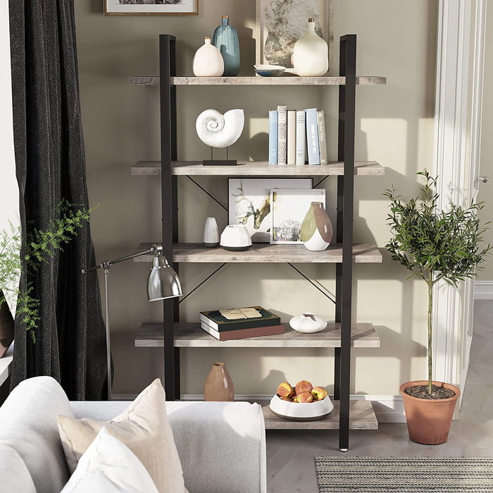 Bücherregal, stabiles Standregal mit 5 Regalebenen, Wohnzimmerregal im Industrie-Design, einfacher Aufbau, Wohnzimmer, Schlafzimmer, Büro, Greige