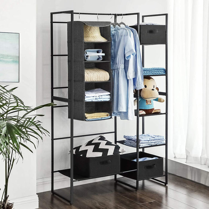 Hängeregal, Kleiderschrank-Organizer, Hängeaufbewahrung, für Kleidung, platzsparend und faltbar, Metallhaken, Bambus-Einsätze, leinenartige Textur, grau