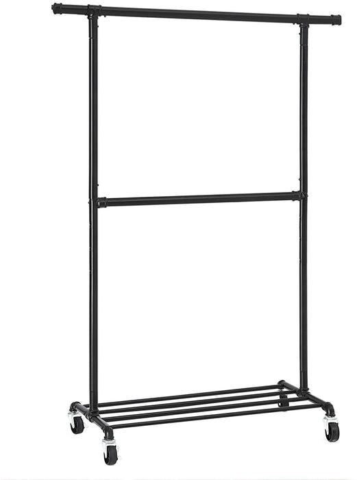 Kleiderständer im Industriedesign, bis 110 kg belastbar, Garderobenständer auf Rollen, 2 Kleiderstangen, aus Metall, gut belastbar, Präsentation