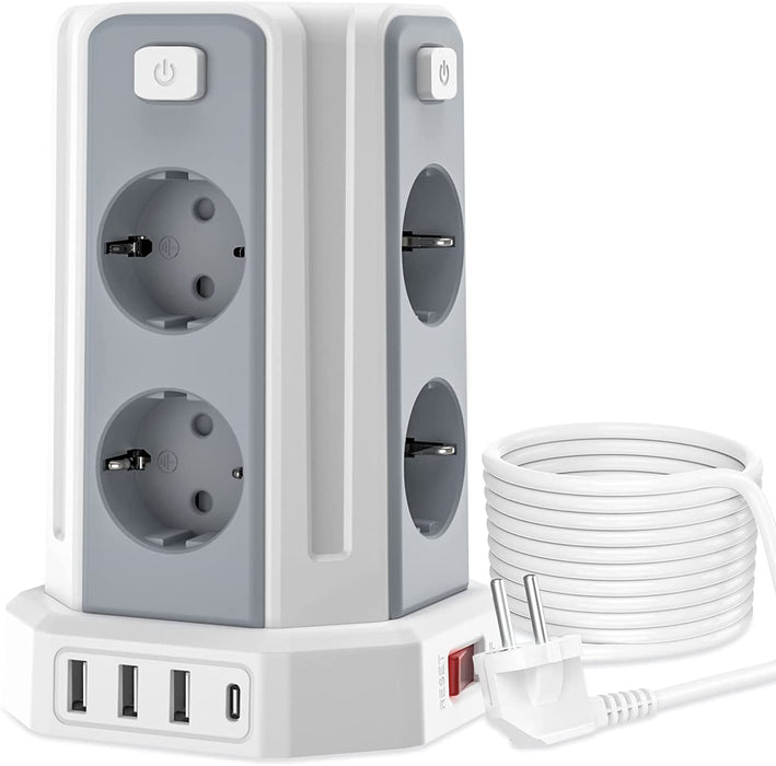 8 Fach Steckdosenleiste mit 3M Kabel, Mehrfachsteckdose mit 3 USB A, 1 USB C, Steckdosenturm mit 5 Schalter, Steckdosenleiste Überspannungsschutz