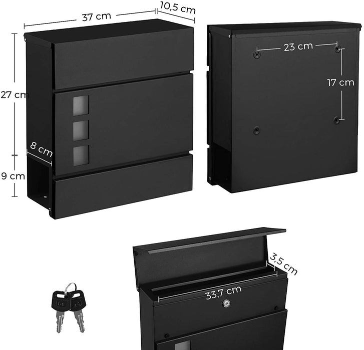 Briefkasten, Wandbriefkasten, modern, abschließbar, mit Zeitungsfach, einfache Montage, schwarz