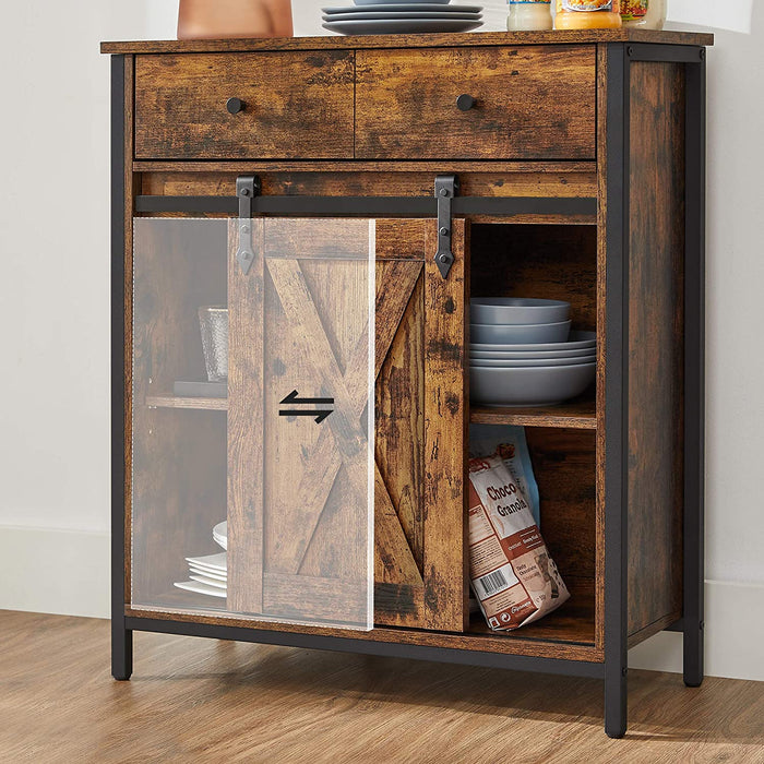 Beistellschrank, Sideboard mit Regalebene und Schublade, Küchenschrank, Kommode mit Schiebetür im Landhausstil, Industrie-Design, vintagebraun-schwarz