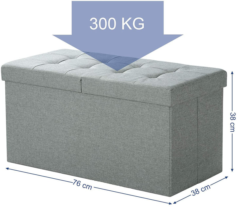 Sitzbank mit Stauraum, Sitztruhe mit Klappdeckel, Aufbewahrungsbox, faltbar, max. statische Belastbarkeit 300 kg, 80 L, 76 x 38 x 38 cm, Leinenimitat, hellgrau