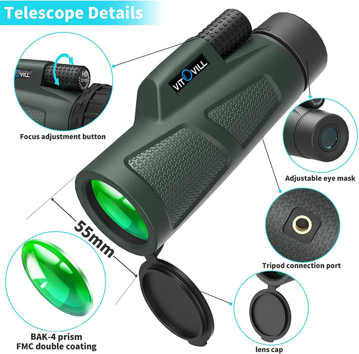 Monokular Teleskop, Vitovill 12x55 HD Starscope Monokulare Fernrohr Wasserdicht mit Smartphone Halter & Stativ, BAK4-Prisma und FMC, Teleskop