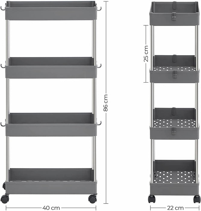 Rollwagen, Küchenwagen mit 4 Ebenen, Küchenregal, Nischenregal auf Rollen, Badregal, platzsparend, 40 x 22 x 86 cm, grau