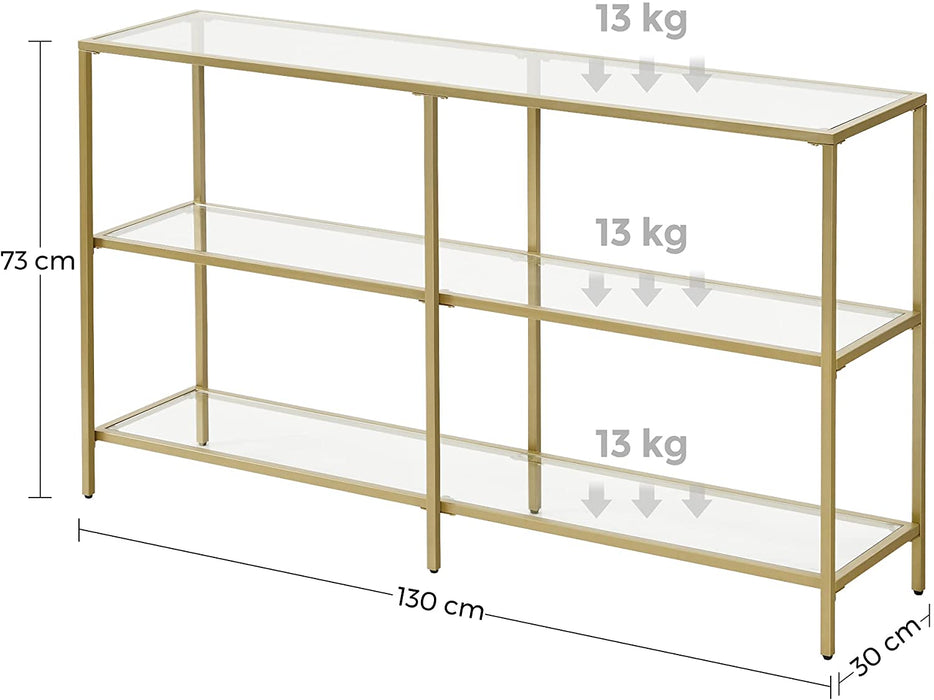 Konsolentisch, Flurtisch, 3 Ebenen, Beistelltisch, Ablagen aus Hartglas, 130 x 30 x 73 cm, Metallgestell, modern, für Flur, Wohnzimmer, Schlafzimmer