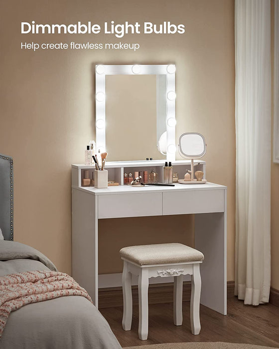 Schminktisch mit LED Beleuchtung, Frisiertisch mit Spiegel, Kosmetiktisch mit 2 Schubladen und 3 offenen Fächern, Frisierkommode, für Make-up, modern