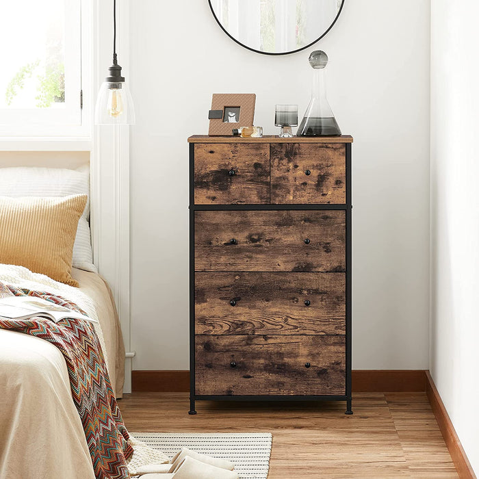 Kommode, Aufbewahrungsschrank, Stoffschubalden mit MDF-Front, Industrie-Design, für Flur, Wohnzimmer, vintagebraun-schwarz
