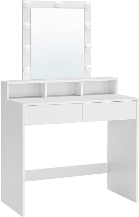 Schminktisch mit LED Beleuchtung, Frisiertisch mit Spiegel, Kosmetiktisch mit 2 Schubladen und 3 offenen Fächern, Frisierkommode, für Make-up, modern