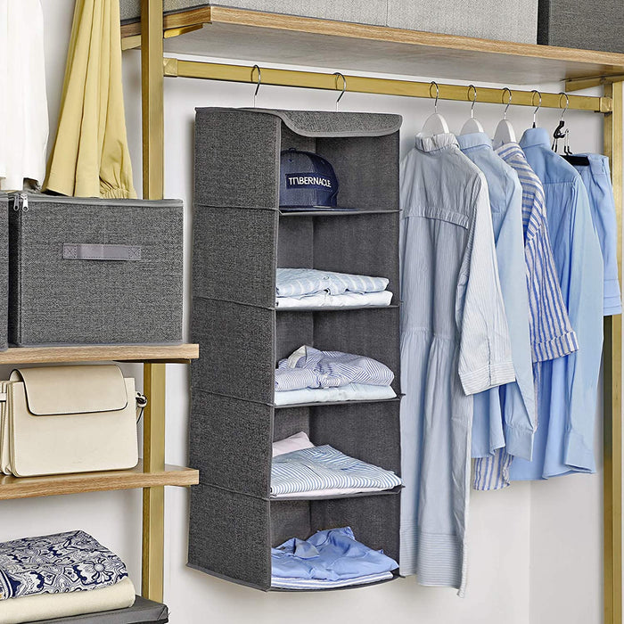 Hängeregal, Kleiderschrank-Organizer, Hängeaufbewahrung, für Kleidung, platzsparend und faltbar, Metallhaken, Bambus-Einsätze, leinenartige Textur, grau