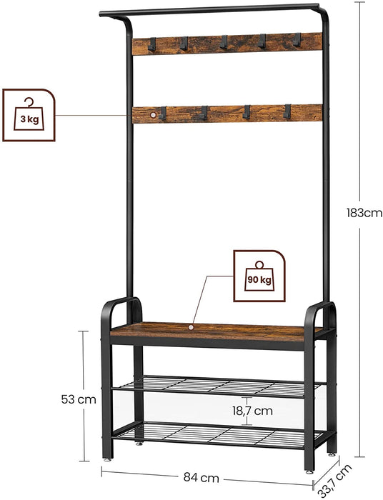 Garderobenständer, Garderobe, Schuhregal mit Sitzfläche, Kleiderständer mit 9 abnehmbaren Haken, Sitzbank, Industrie-Design, vintagebraun-schwarz