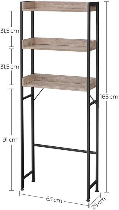 Toilettenregal, Badezimmerregal, Waschmaschinenregal, Badregal mit 3 offenen Ablagen, platzsparend, einfache Montage, Industrie-Design, Greige-schwarz