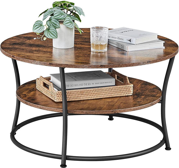 Couchtisch rund, Wohnzimmertisch, Sofatisch mit Ablage, einfacher Aufbau, Metall, Industrie-Design, Vintagebraun-schwarz