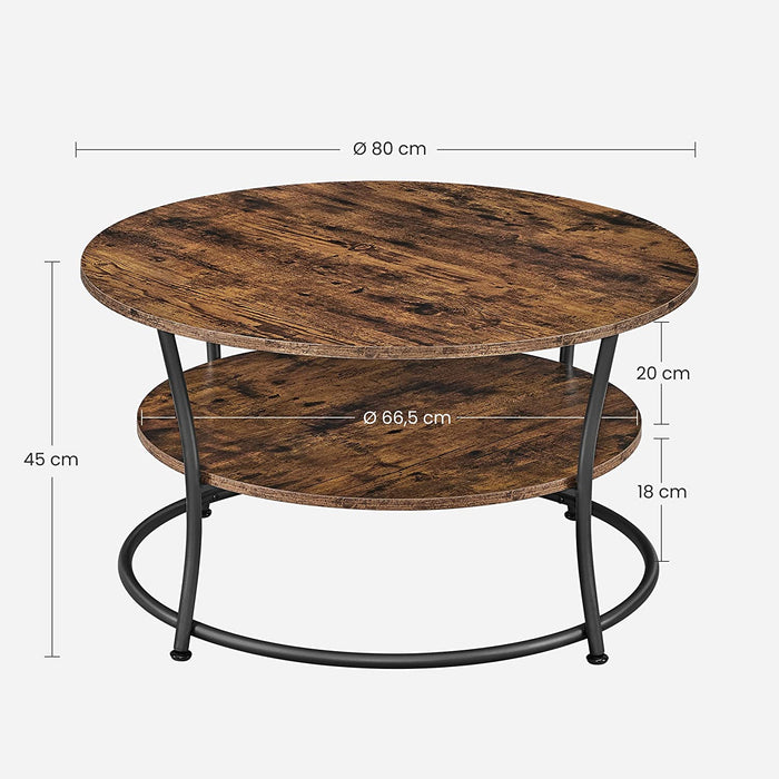 Couchtisch rund, Wohnzimmertisch, Sofatisch mit Ablage, einfacher Aufbau, Metall, Industrie-Design, Vintagebraun-schwarz