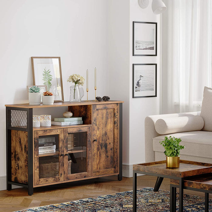 Sideboard, Küchenschrank, Aufbewahrungsschrank, mit 3 Türen, für Wohnzimmer, Küche, Esszimmer, 110 x 33 x 75 cm, Industriestil, vintagebraun-schwarz
