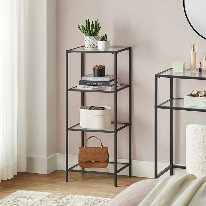 Badezimmerregal, Küchenregal, Standregal, Flurregal, Pflanzenregal mit 4 Ablagen aus Hartglas, einfacher Aufbau, Wohnzimmer, Schlafzimmer, Büro