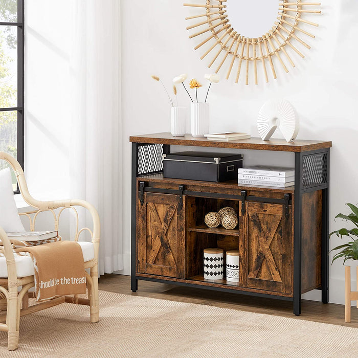 Sideboard, Küchenschrank, Aufbewahrungsschrank, mit 2 Schiebetüren, verstellbare Ablage, industriell, für Wohnzimmer, vintagebraun-schwarz