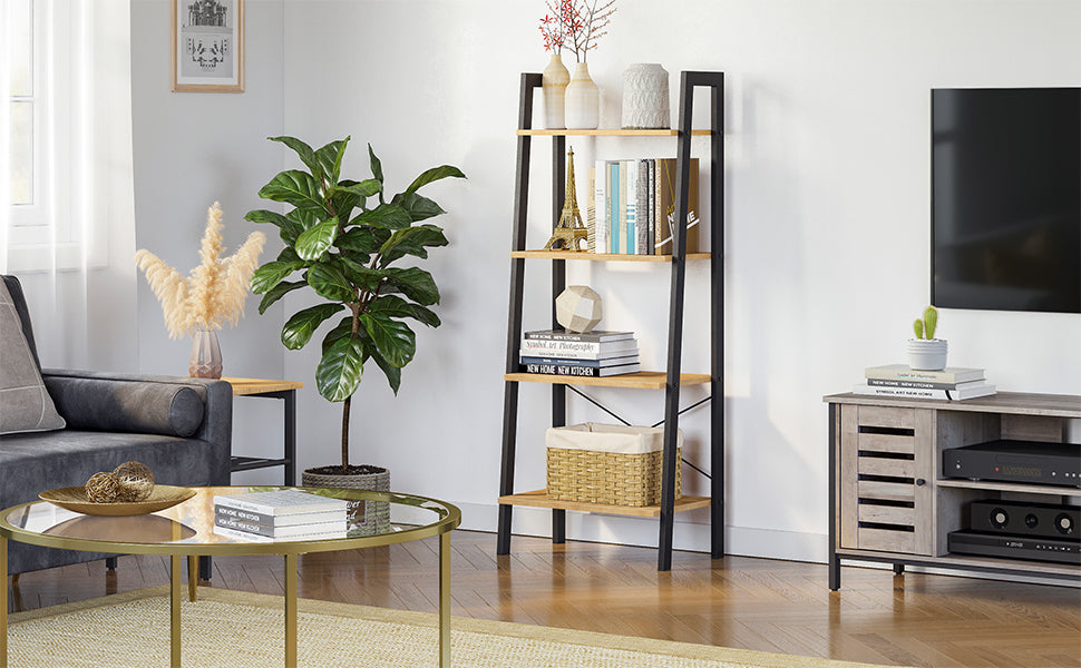 Standregal, Bücherregal, 4 Ebenen Leiterregal, stabiles Metallgestell, einfache Montage, für Wohnzimmer, Schlafzimmer, Küche, honigbraun-schwarz