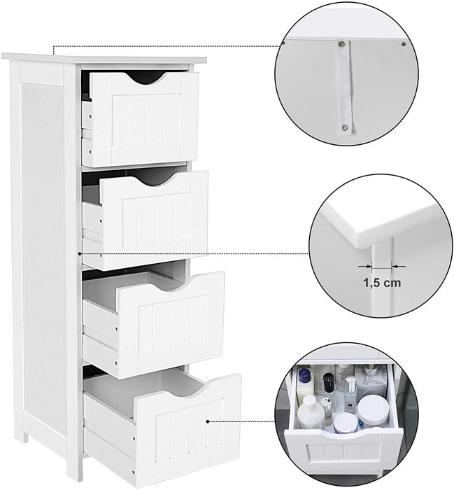Badezimmerschrank, schmaler Badschrank aus Holz mit 4 Schubladen, 30 x 30 x 82 cm, Wohnzimmer, Schlafzimmer, Flur, tief, freistehend, platzsparend, weiß