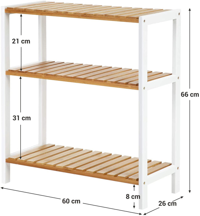 Badezimmerregal, Badregal, Küchenregal, Schuhregal, Bambus Standregal, 60 x 26 x 66 cm ideal für Bad, Wohnzimmer, Flur, Küche, naturfarben-weiß