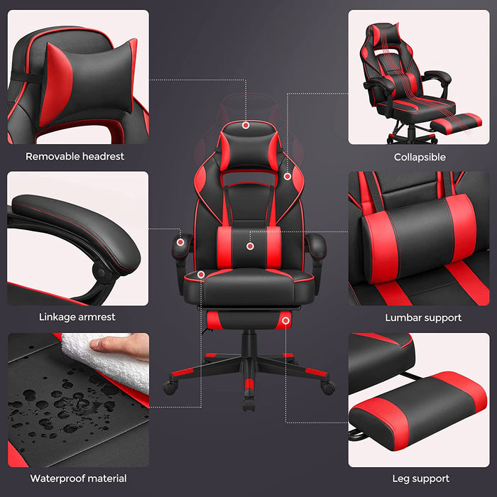 Gamingstuhl, Schreibtischstuhl mit Fußstütze, Bürostuhl mit Kopfstütze und Lendenkissen, höhenverstellbar, ergonomisch, 90-135° Neigungswinkel