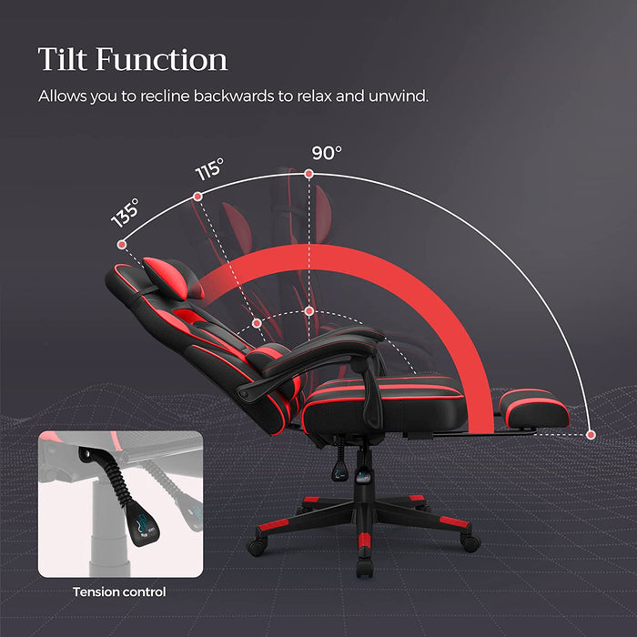 Gamingstuhl, Schreibtischstuhl mit Fußstütze, Bürostuhl mit Kopfstütze und Lendenkissen, höhenverstellbar, ergonomisch, 90-135° Neigungswinkel