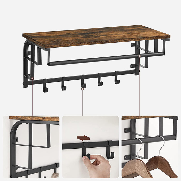 Wandgarderobe mit Ablage, Wandregal mit 5 abnehmbaren Haken, wandmontiertes Hängeregal mit Hängestange, für Flur, Schlafzimmer