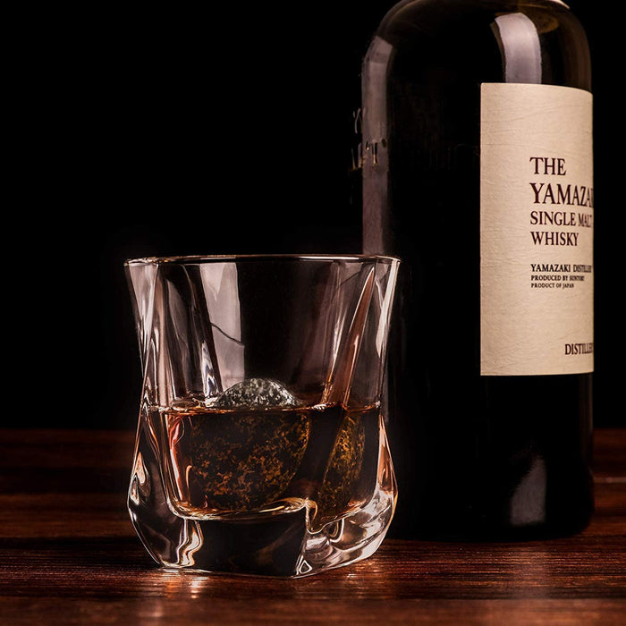 Whiskey Steine Geschenkset - 6 Handgefertigte Premium-Granitsteine, 2 außergewöhnliche Kristallgläser, Präsentations- und Aufbewahrungstablett
