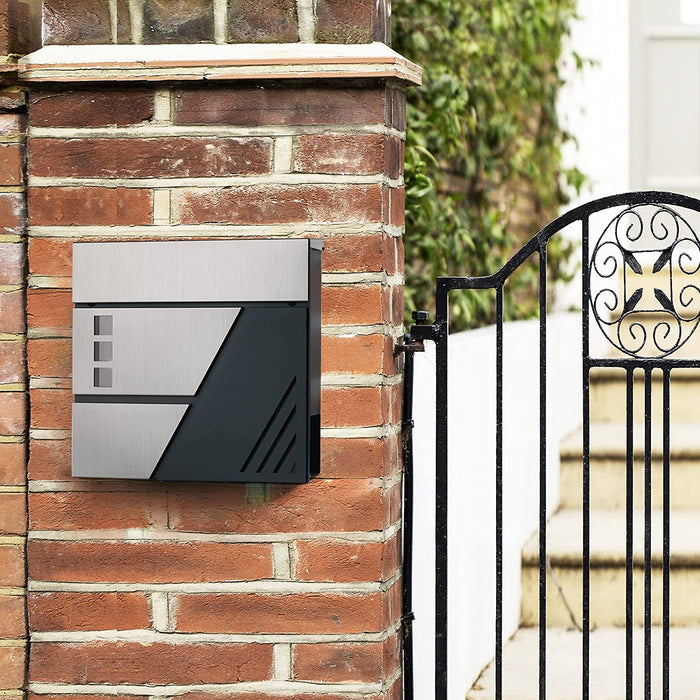 Briefkasten, Wandbriefkasten mit Sichtfenster, aus Edelstahl, für Haustür, mit Schloss und Schlüsseln, silbern-anthrazit