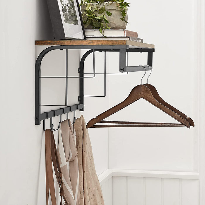 Wandgarderobe mit Ablage, Wandregal mit 5 abnehmbaren Haken, wandmontiertes Hängeregal mit Hängestange, für Flur, Schlafzimmer
