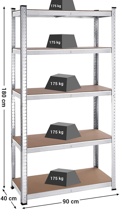 Schwerlastregale, 2er Set, Kellerregale, Lagerregale, 180 x 90 x 40 cm, Steckregale, jeweils bis 875 kg belastbar und 5 verstellbare Ablagen verstärkt