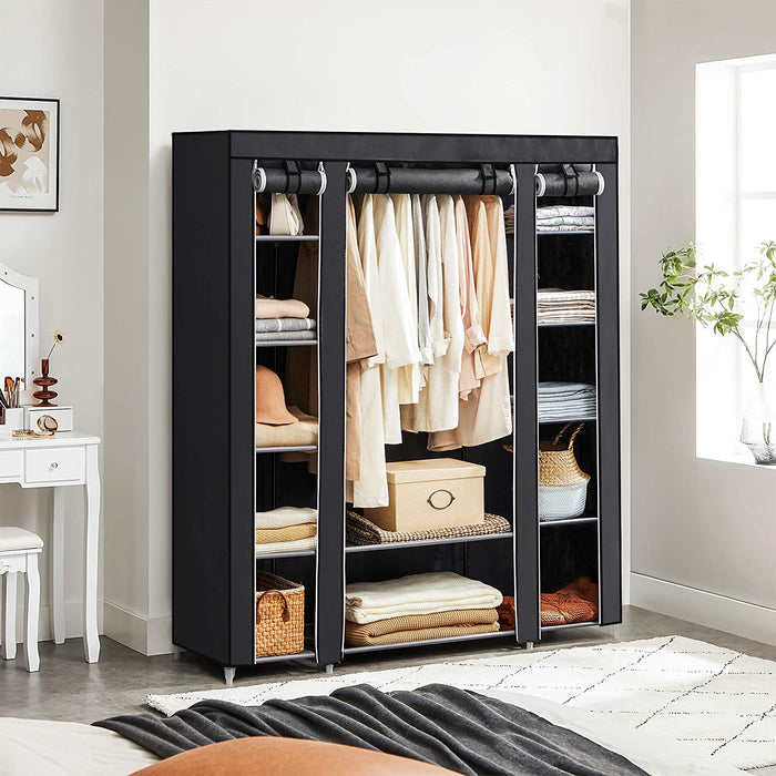 Kleiderschrank, Stoffschrank, mit Kleiderstange und Ablagen, Soffüberzug, für Schlafzimmer, Ankleidezimmer, 150 x 45 x 175 cm, schwarz