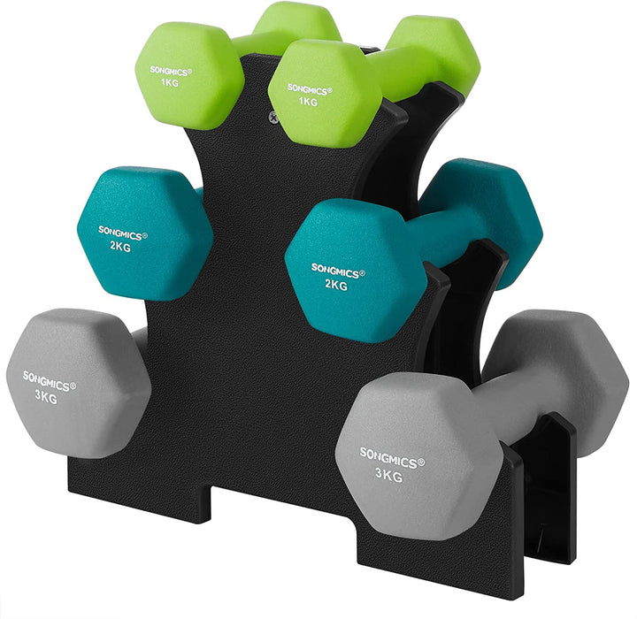 Hanteln, Hantelset, Kurzhanteln, Hexagon, mit Hantelständer, 2 x 1 kg, 2 x 2 kg, 2 x 3 kg, Vinyl-Beschichtung, Krafttraining