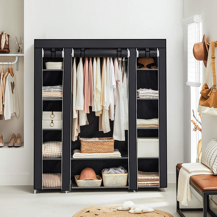 Kleiderschrank, Stoffschrank, mit Kleiderstange und Ablagen, Soffüberzug, für Schlafzimmer, Ankleidezimmer, 150 x 45 x 175 cm, schwarz