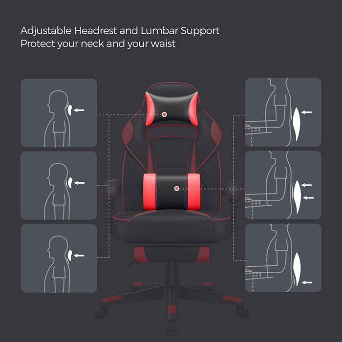Gamingstuhl, Schreibtischstuhl mit Fußstütze, Bürostuhl mit Kopfstütze und Lendenkissen, höhenverstellbar, ergonomisch, 90-135° Neigungswinkel
