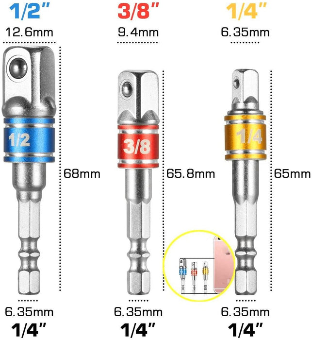 105° Winkelschrauber Vorsatz Adapter (1/4 Zoll, Bohrer Sechskantschaft) und 3 teilig Stecknussadapter Akkuschrauber Nuss Adapter Socket