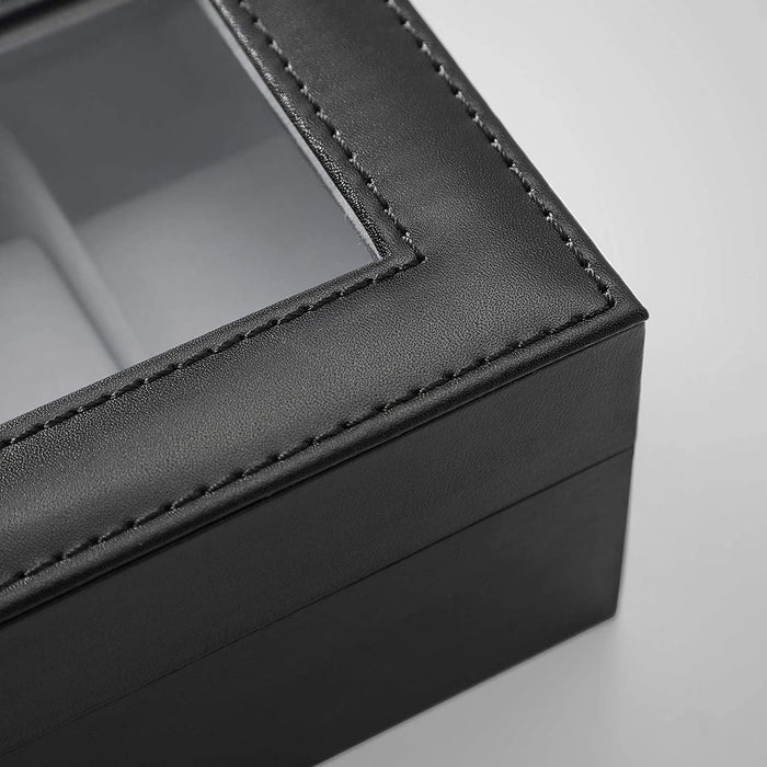 Uhrenbox 6 Uhren, Uhrenkasten mit Glasdeckel, Uhrenkissen aus Samt, Uhrenkoffer mit Schloss, Weihnachten, 30 x 11,2 x 8 cm, PU-Bezug in Schwarz