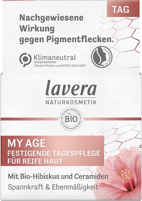 lavera MY AGE Festigende Tagespflege - Tagescreme mit Bio-Hibiskus und Ceramiden pflanzlichen Ursprungs - mindert Pigmentflecken - für reife Haut - zertifizierte Naturkosmetik - vegan - 50 ml