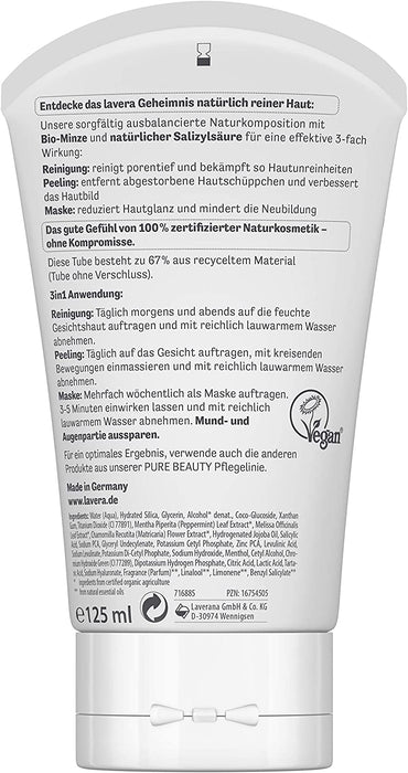 lavera, PURE BEAUTY 3in1 Reinigung Peeling Maske reinigt porentief bekämpft Hautunreinheiten Naturkosmetik vegan 125ml, weiß