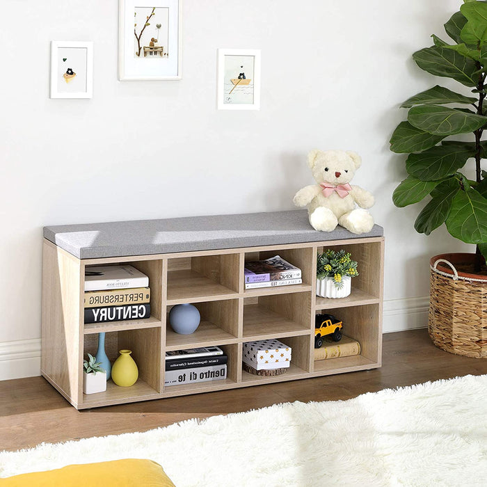 Schuhbank, Schuhregal, Schuhaufbewahrung, Sitzbank, 10 Fächer, mit Polsterung, für den Eingangsbereich, Flur, Schlafzimmer, 104 x 30 x 48 cm Holzoptik