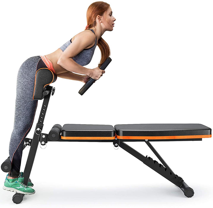 Hantelbank, robuste All-in-One-Bench für Ganzkörpertraining, Hantelbank klappbar mit 7 Rückenpositionen, zwei Trainingsbänder, Heim-Fitnessstudio