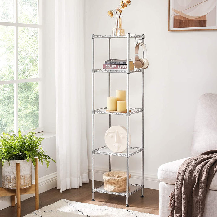 Badezimmerregal, Standregal, Metallregal, bis 100 kg belastbar, mit 5 PP-Platten, abnehmbare Haken, 30 x 30 x 123,5 cm, erweiterbar, für kleine Räume