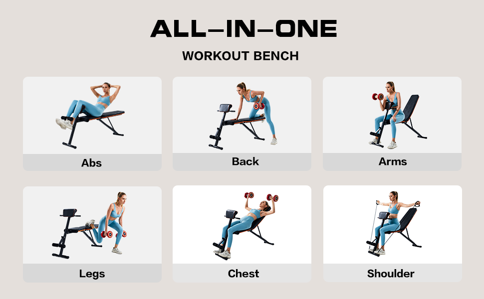 Hantelbank, robuste All-in-One-Bench für Ganzkörpertraining, Hantelbank klappbar mit 7 Rückenpositionen, zwei Trainingsbänder, Heim-Fitnessstudio