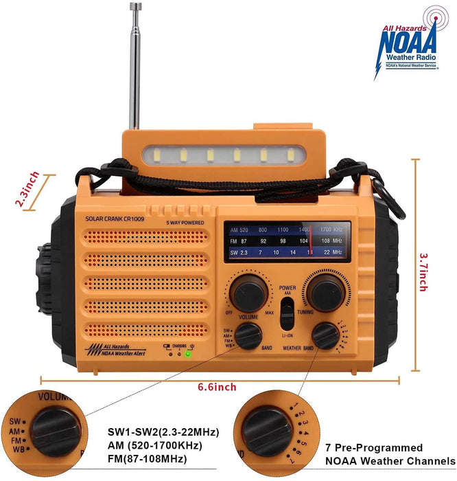 Tragbare Solar Radio, Notfall Radio mit Kurbel, Dynamo Wetter AM/FM/SW Radio,5000mAh Wiederaufladbare Powerbank, USB-Handy-Lader, Taschenlampe (Gelb)
