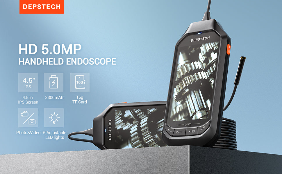 5.0MP Endoskop Kamera mit 4,5 Zoll IPS-Bildschirm, 1944P Digitales Endoskopkamera mit Licht, 8.5 mm dünne wasserdichte Inspektionskamera