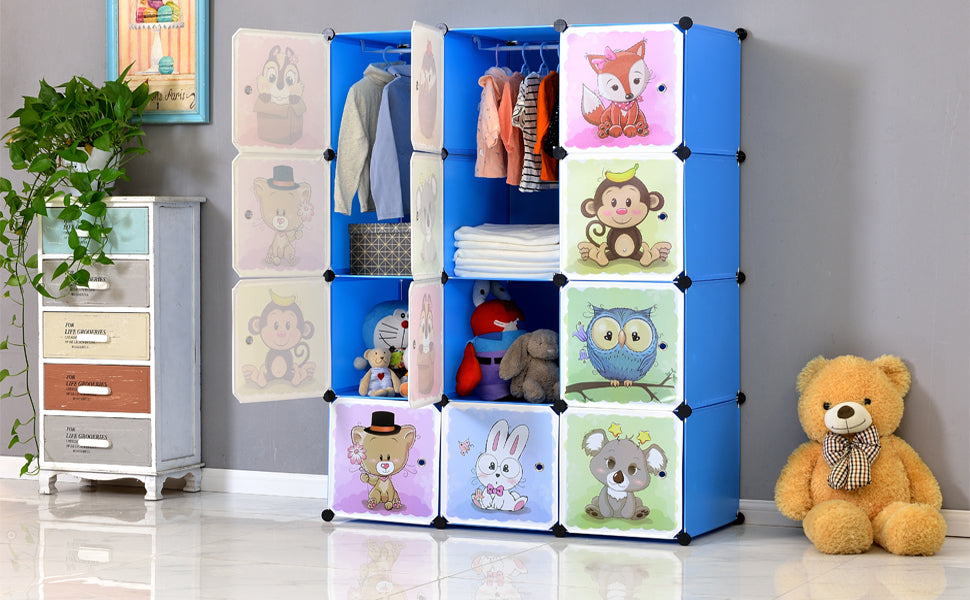rweiterbares Kinderregal Kinder Kleiderschrank Stufenregal Bücherregal mit Türen & 2 Aufhängern, tiefere Fächer als normal (45 cm vs. 35 cm) 