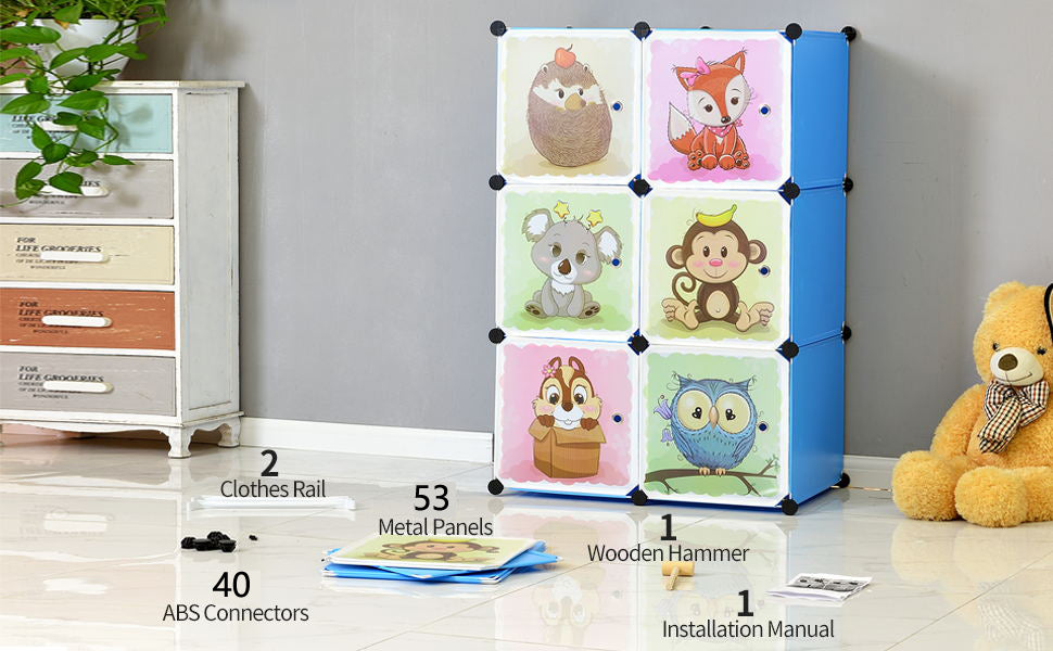 rweiterbares Kinderregal Kinder Kleiderschrank Stufenregal Bücherregal mit Türen & 2 Aufhängern, tiefere Fächer als normal (45 cm vs. 35 cm) 