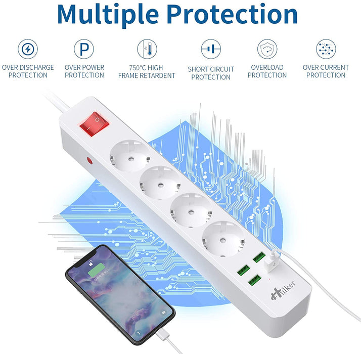 Steckdosenleiste mit USB, 10A Mehrfachsteckdose 4 Fach Steckdose 4 USB(5V/3.7A) mit Überlastschutz 1.6M Verlängerungskabel Mehrfachstecker