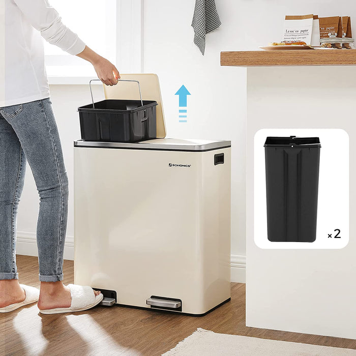 Mülleimer, 2 x 30 L, 2 Fächer, Mülltrennsystem, Treteimer, Abfalleimer Küche, 15 Müllsäcke, aus Metall, Inneneimer aus Kunststoff, Klappdeckel